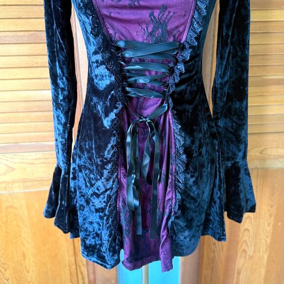 Gothic Victorian Dolls Kill Maroon Moon Black Velvet Mini Dress XS - Picture 3 of 6